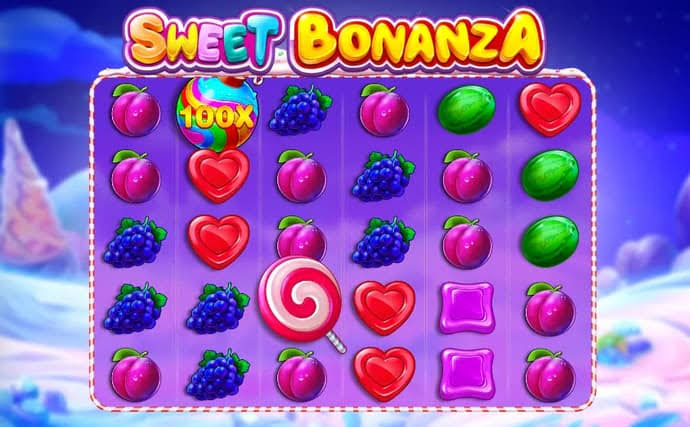 Gameplay de Sweet Bonanza mostrando el tablero de 6x5 con frutas y dulces coloridos
